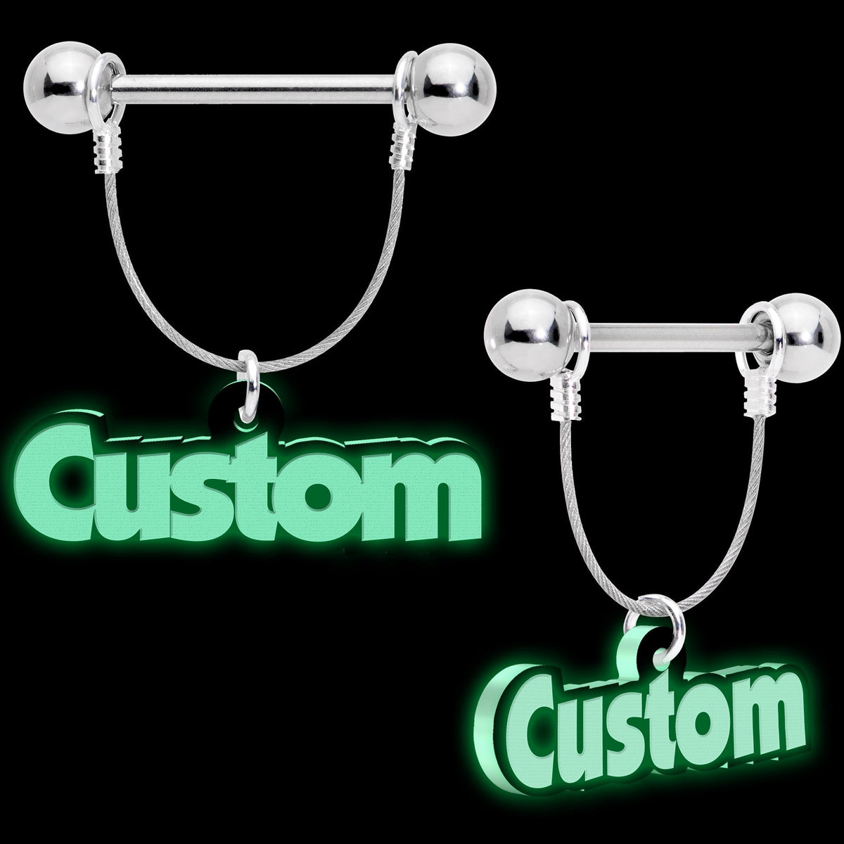 Custom Glow in the Dark Personalized Name Dangle Nipple Ring Set