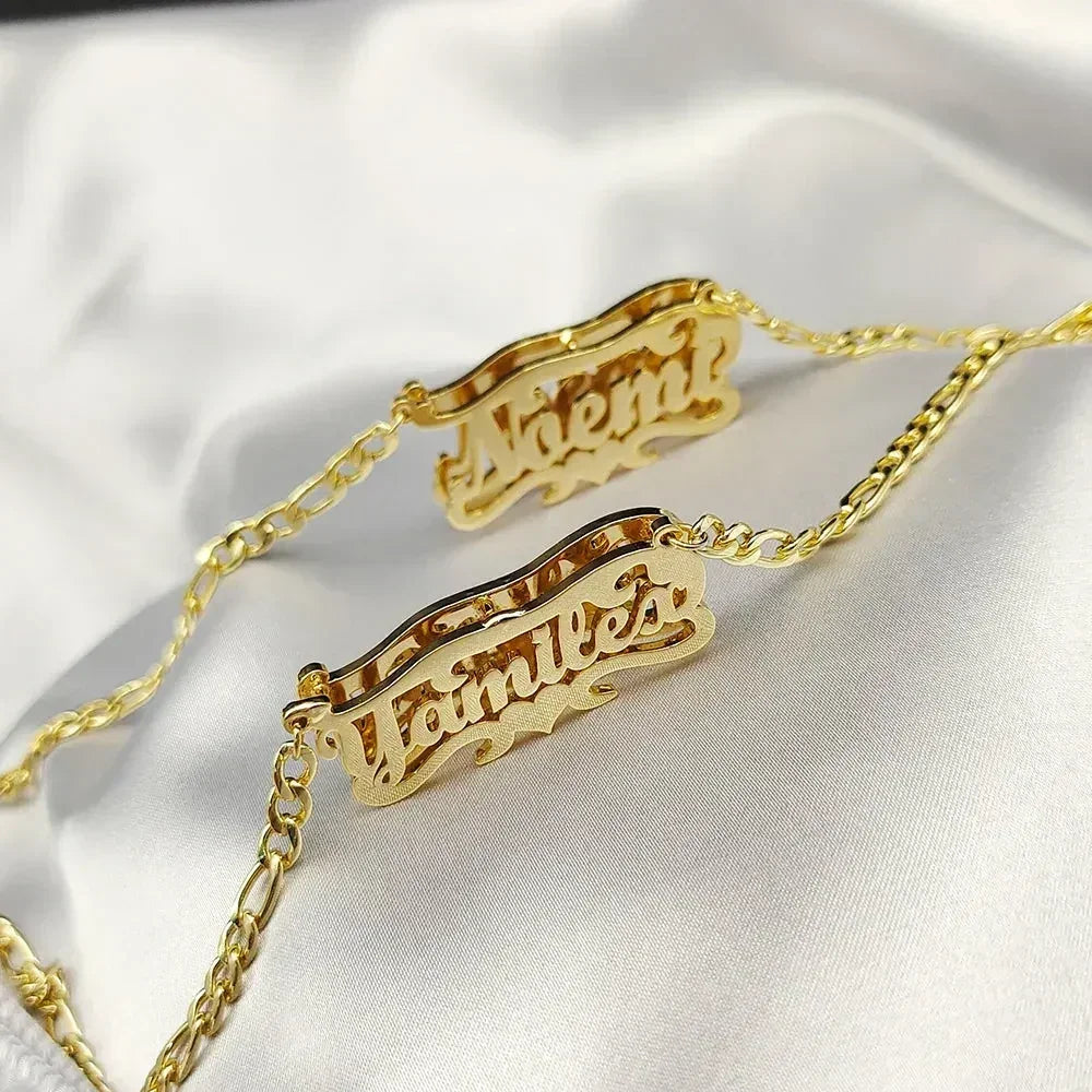 Custom Name Necklace 3D Engraved Stainless Steel Heart Figaro Chain