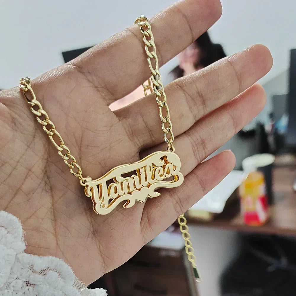 Custom Name Necklace 3D Engraved Stainless Steel Heart Figaro Chain