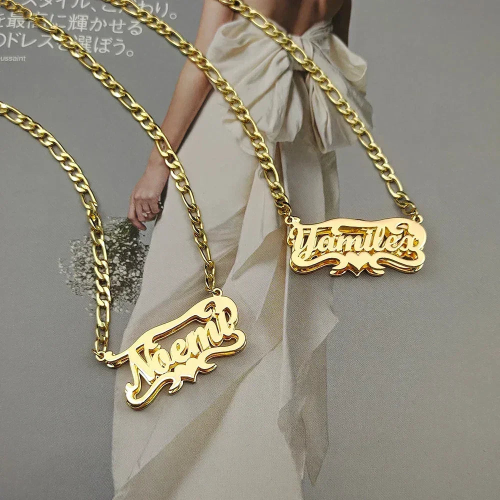 Custom Name Necklace 3D Engraved Stainless Steel Heart Figaro Chain
