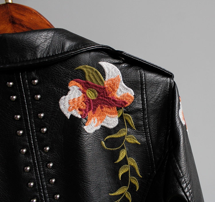 Floral Embroidery Faux Leather Jacket