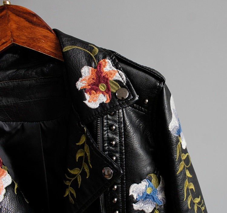 Floral Embroidery Faux Leather Jacket
