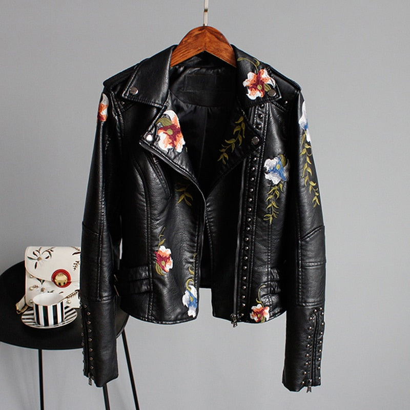 Floral Embroidery Faux Leather Jacket