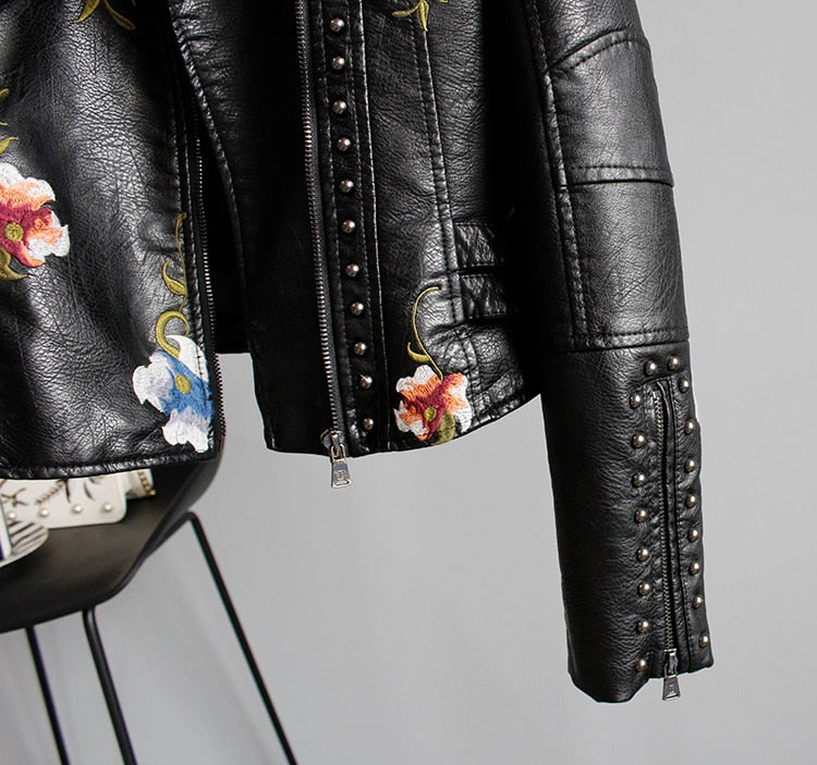 Floral Embroidery Faux Leather Jacket