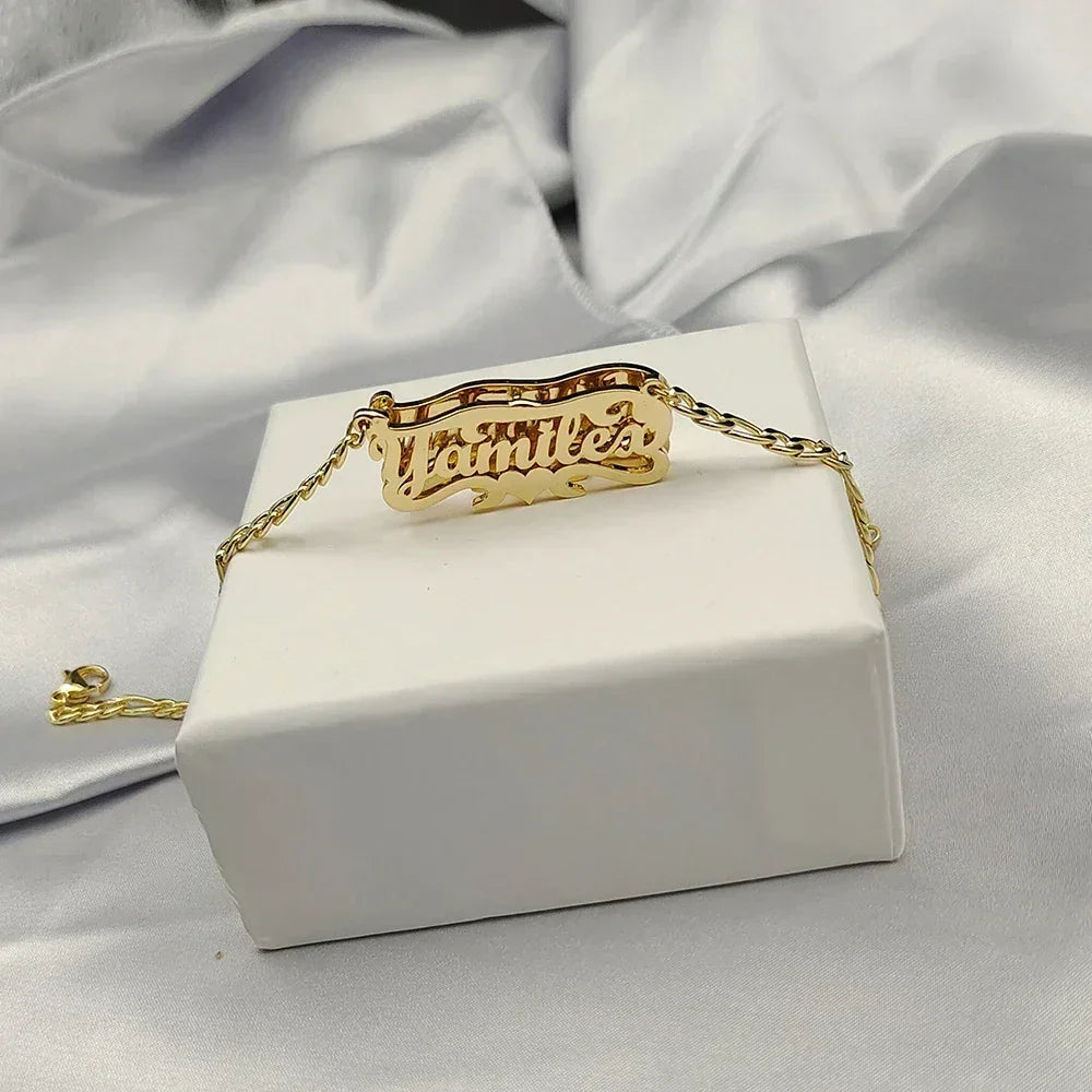 Custom Name Necklace 3D Engraved Stainless Steel Heart Figaro Chain