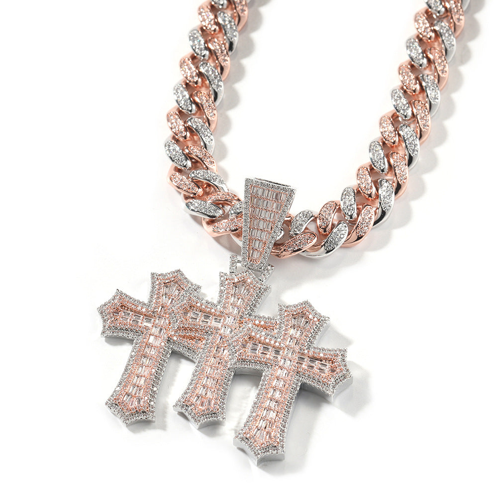 Hip-hop diamond-encrusted zircon three-cross Cuban necklace
