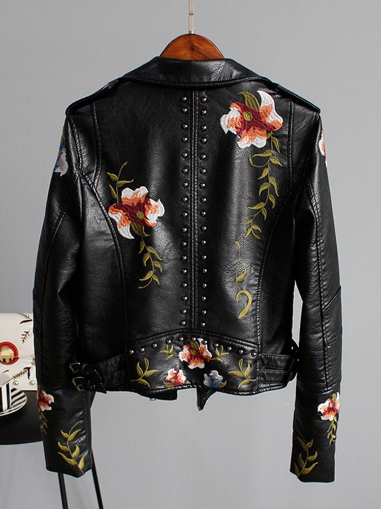Floral Embroidery Faux Leather Jacket