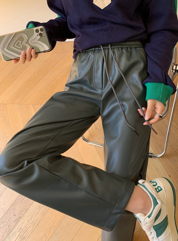 PU Leather Drawstring Trousers — Wide Leg