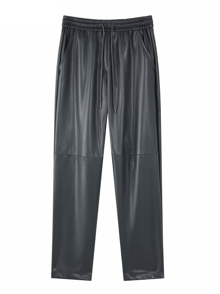 PU Leather Drawstring Trousers — Wide Leg