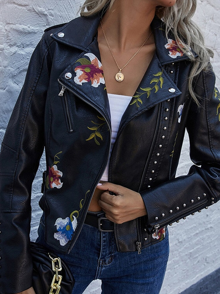 Floral Embroidery Faux Leather Jacket