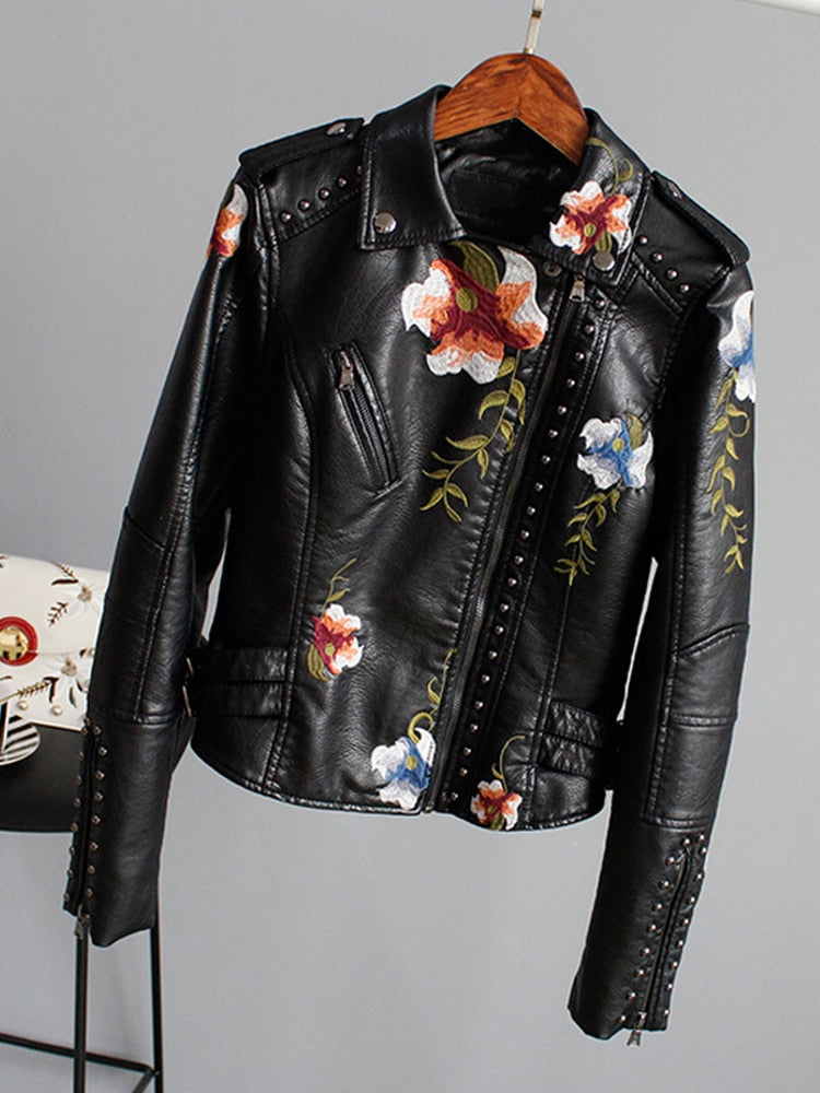 Floral Embroidery Faux Leather Jacket