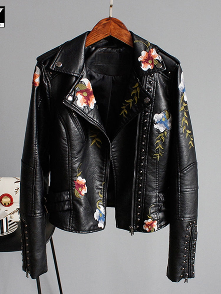 Floral Embroidery Faux Leather Jacket