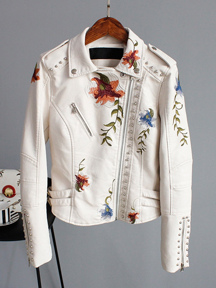 Floral Embroidery Faux Leather Jacket