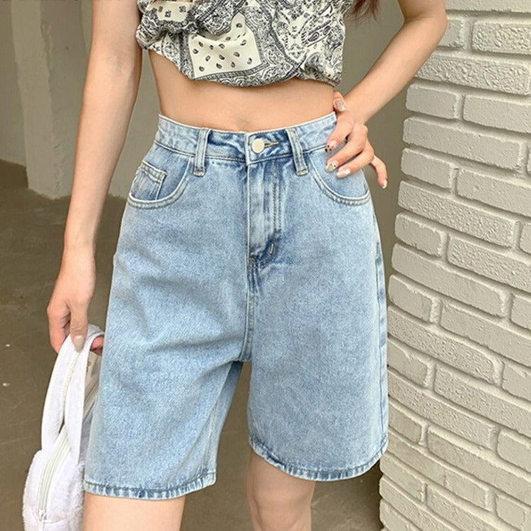 High Waist Wide Leg Denim Shorts