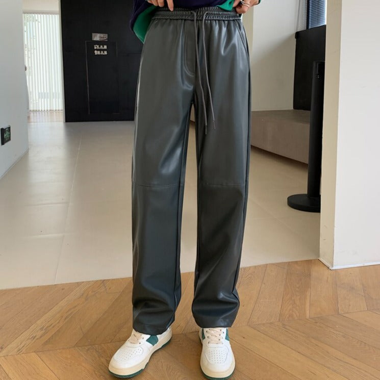 PU Leather Drawstring Trousers — Wide Leg
